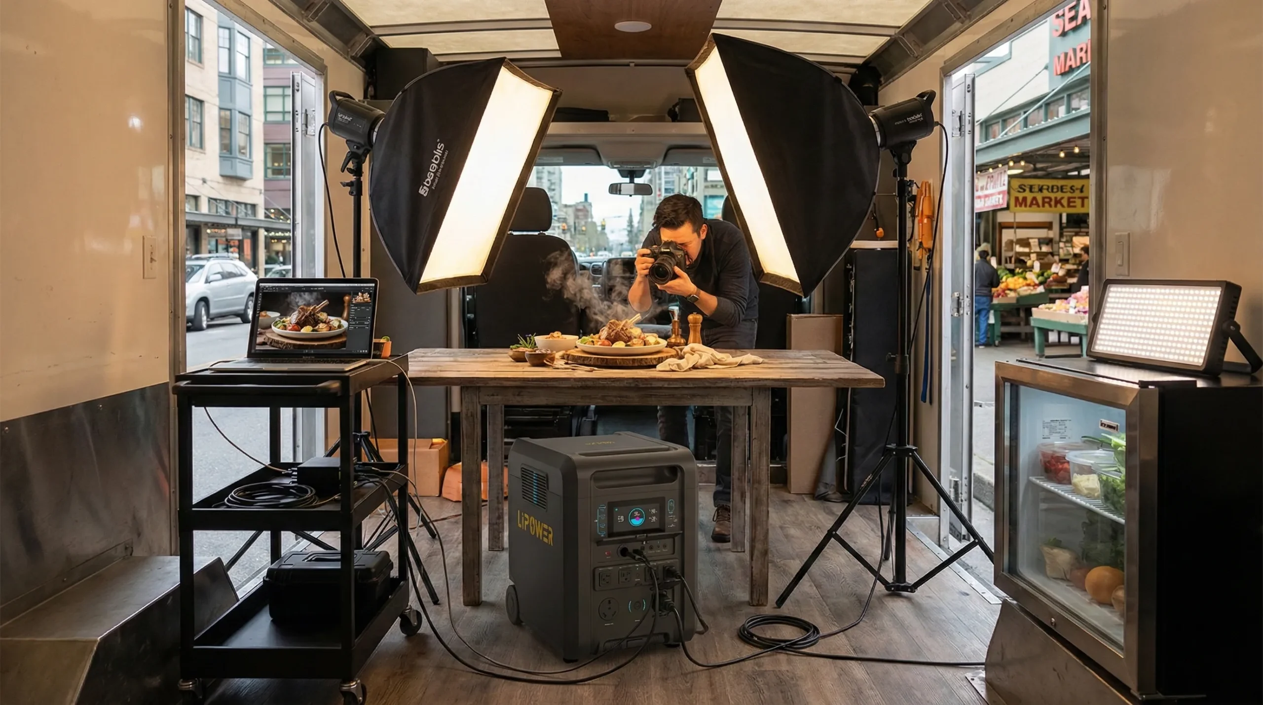 Tragbare Stromstation für kommerzielle Produktionsaufnahmen