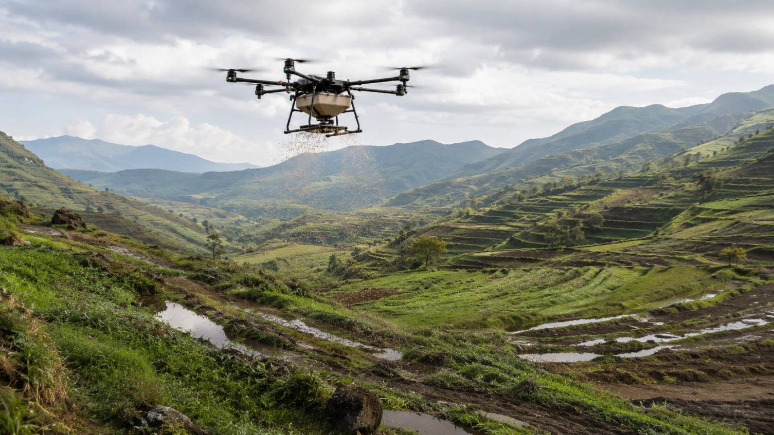 Dron pracujący w złożonym terenie górzystym, pochyłym, tarasowanym polu