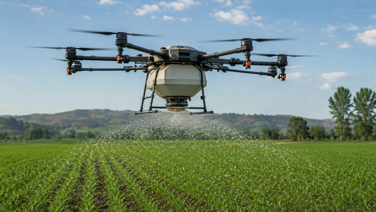 Dron do rozsiewania granulowanego nawozu z systemem zasobników