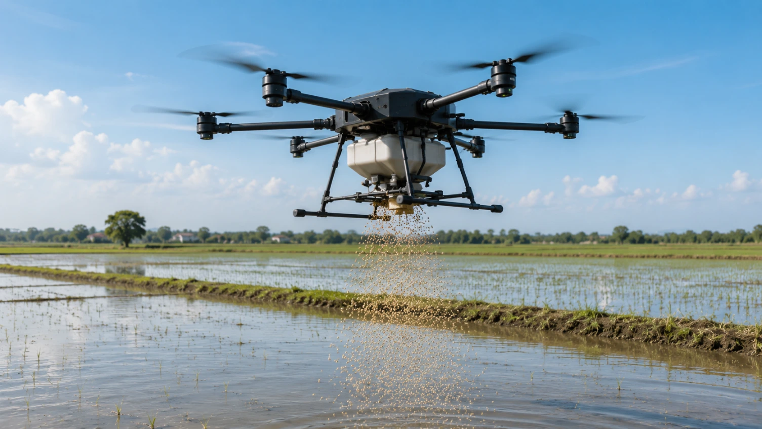Dron do bezpośredniego siewu ryżu nad polami ryżowymi