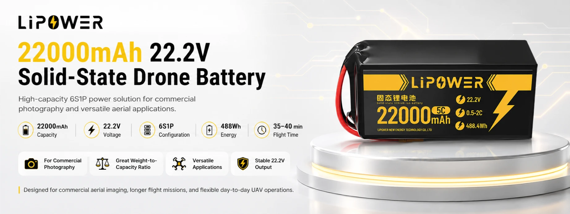 商業写真用の22000mAh 22.2Vの全固体ドローンバッテリー