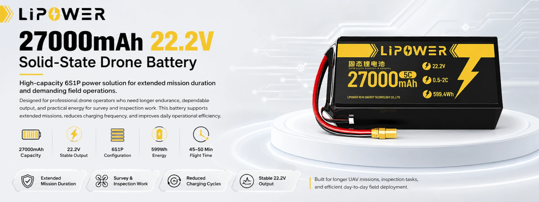 27000mAh 22.2V 固態ドローン用バッテリー 長時間任務の継続用