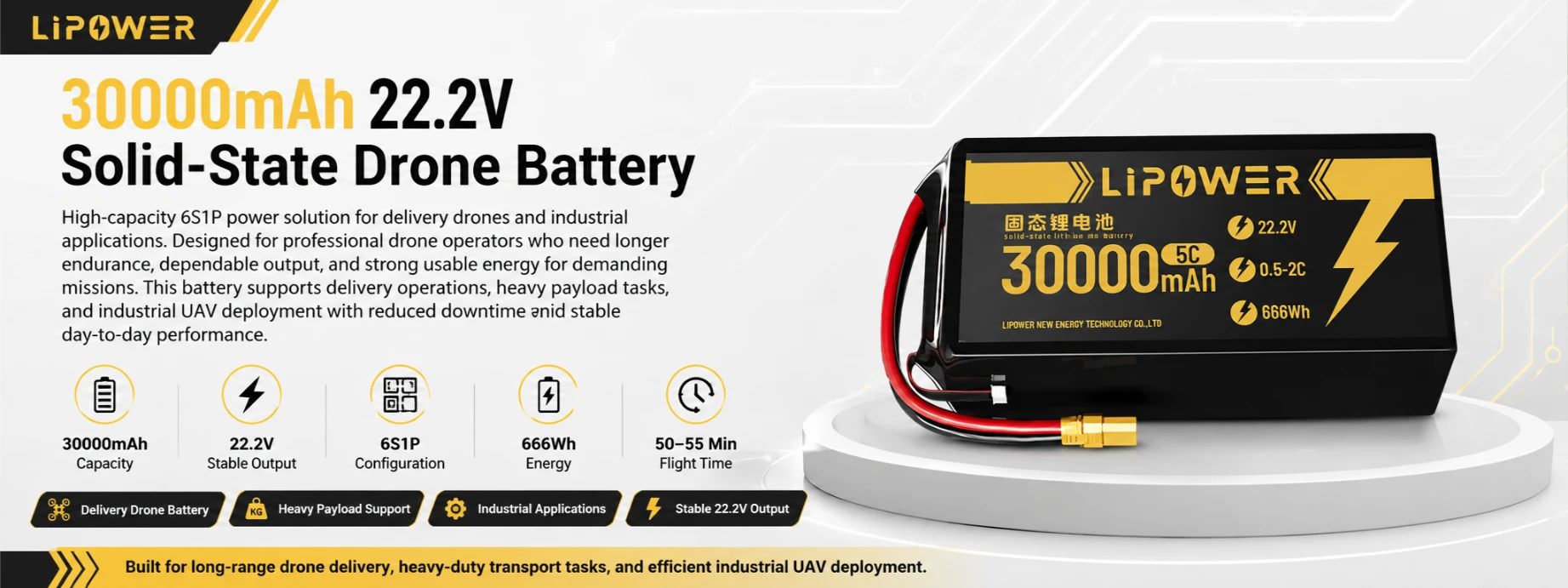 30000mAh 22.2V solid-state drone battery for delivery drones and industrial applications
