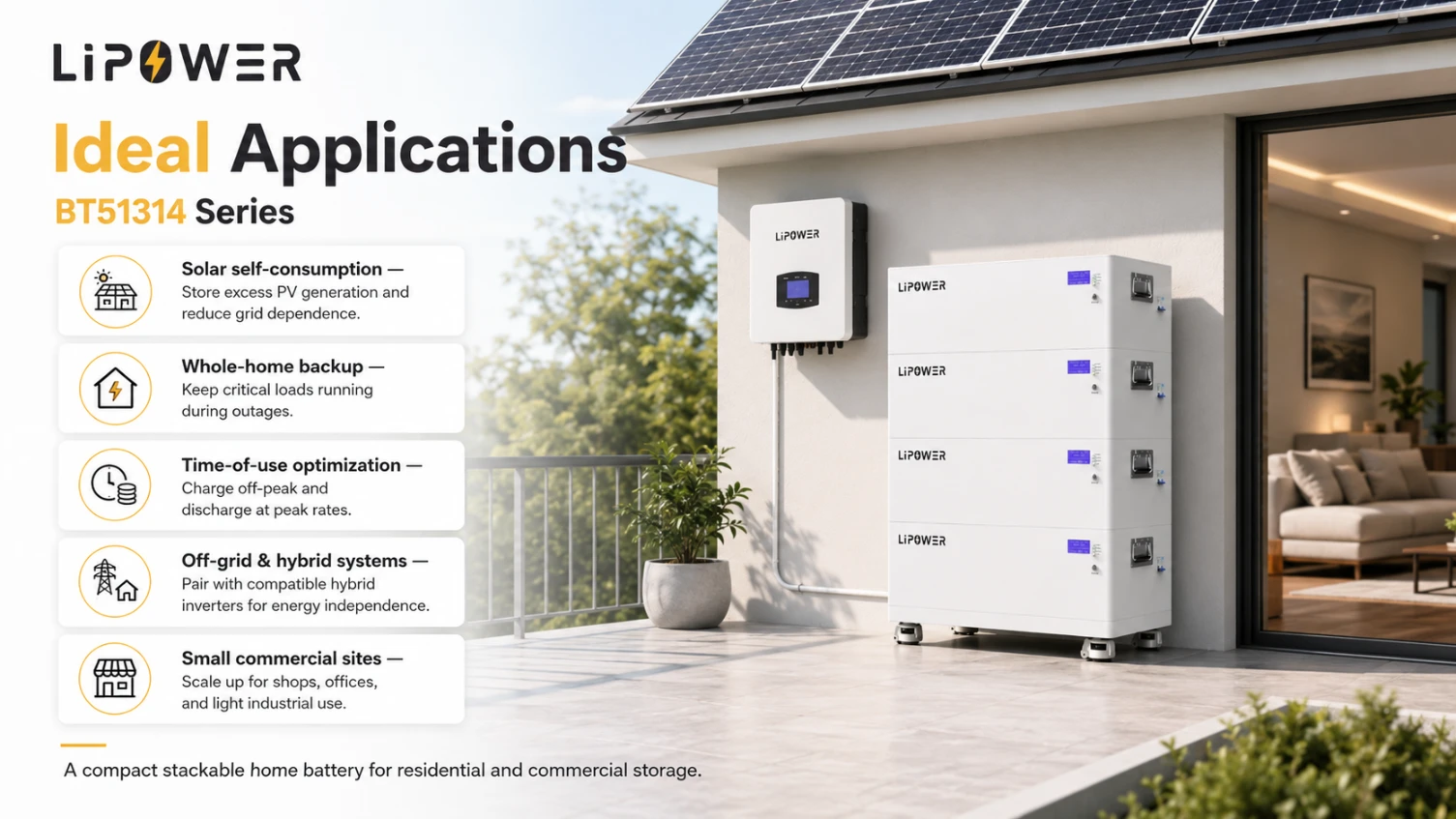 BT51314 aplicaciones ideales para almacenamiento de batería solar y energía de respaldo