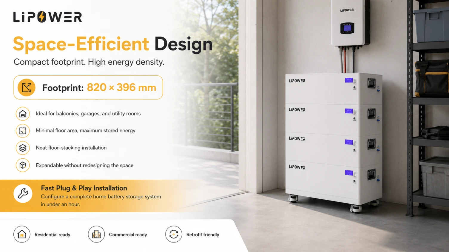 BT51314 diseño de batería doméstica apilable y eficiente en espacio